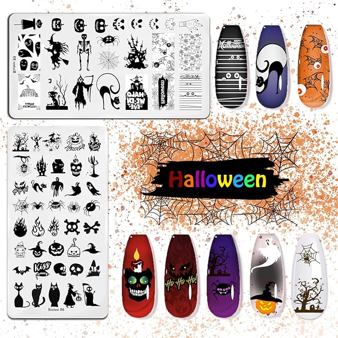 Biutee Nail Stamping Plates 8PCS Nail Stamping Polish Gel and Nail Stamper Kit 10 PCS Nail Art Stamper Plates, French Flower Leaves Animal Lace Halloween Design (10 PCS Plates With 8 PCS Gel)