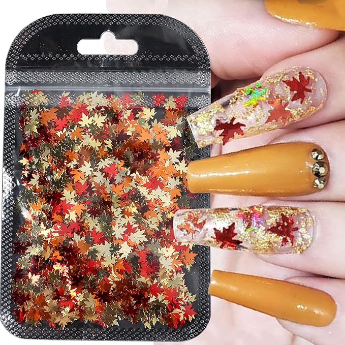 Fall Nail Art Glitters Shiny Mixed Golden Maple Leaf Nail Sequins Holographic Maple Leaves Nail Glitter Flakes Sparkly Autumn Winter Nail Designs Fall Stickers Decals Thanksgiving Decorations (1Bag)