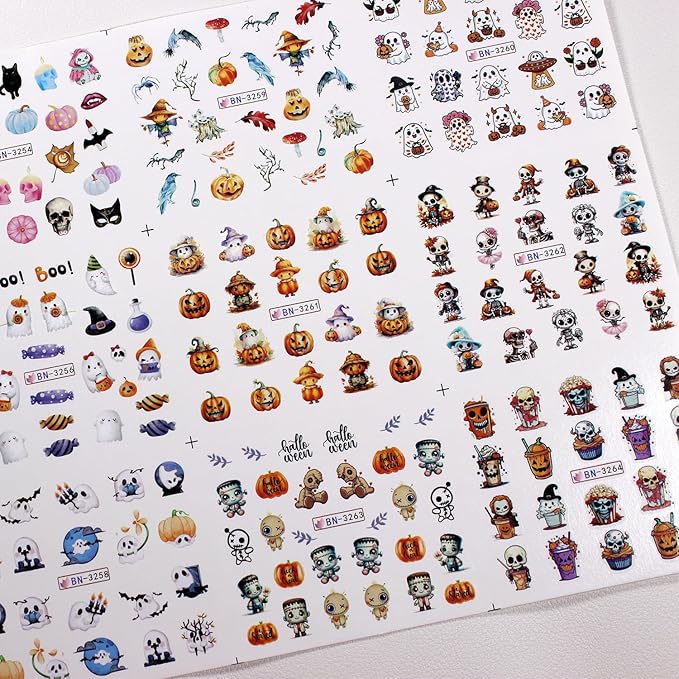 12sheet Halloween Nail Stickers Funny Pumpkin Nail Art Stickers Decals with Cute Ghost Skeleton Spider Design Nail Stickers for Nail Art Water Transfer Nails Supplies for Women Manicure Decor