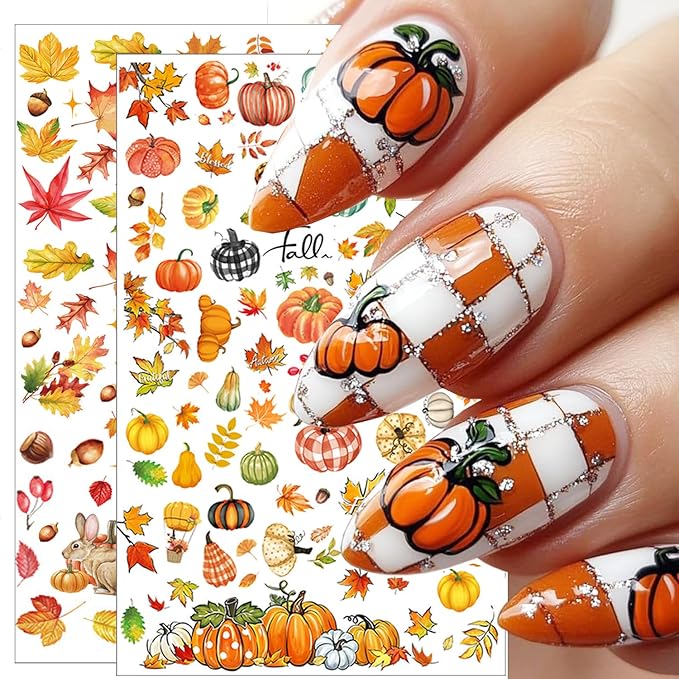 6Pcs Fall Nail Stickers for Nails Art - Cute Pumpkin Nail Decals Yellow Fallen Leaves for Nails Autumn Maple Leaf Theme Thanksgiving Nail Design Adhesive Sticker Sliders for Women Nail Art Decorations