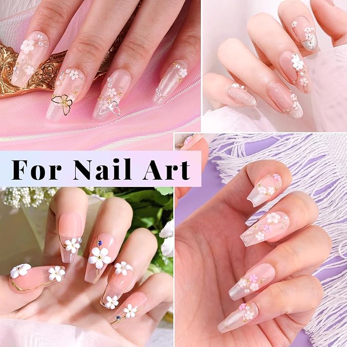 3D Flowers, Manicure Kit with Gel Glue, White Pink Acrylic Flower Nail Charms with Caviar Beads, Rhinestones + Gem Glue for Nails (UV/LED Needed) with Dotting & Pickup Tools