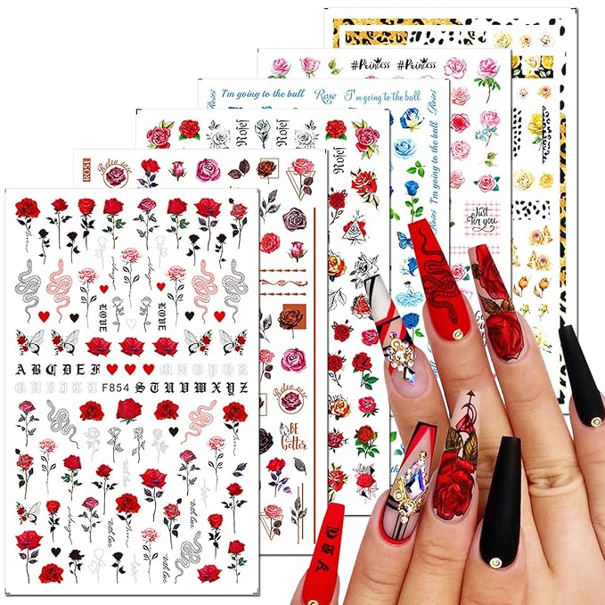 6 Sheets Flower Nail Art Stickers 3D Blue Pink Red Rose Nail Decals Spring Summer Nail Art Supplies Leopard Snake Leaf Butterfly Floral Nail Designs Supply Nail Stickers for Acrylic Nails Decor