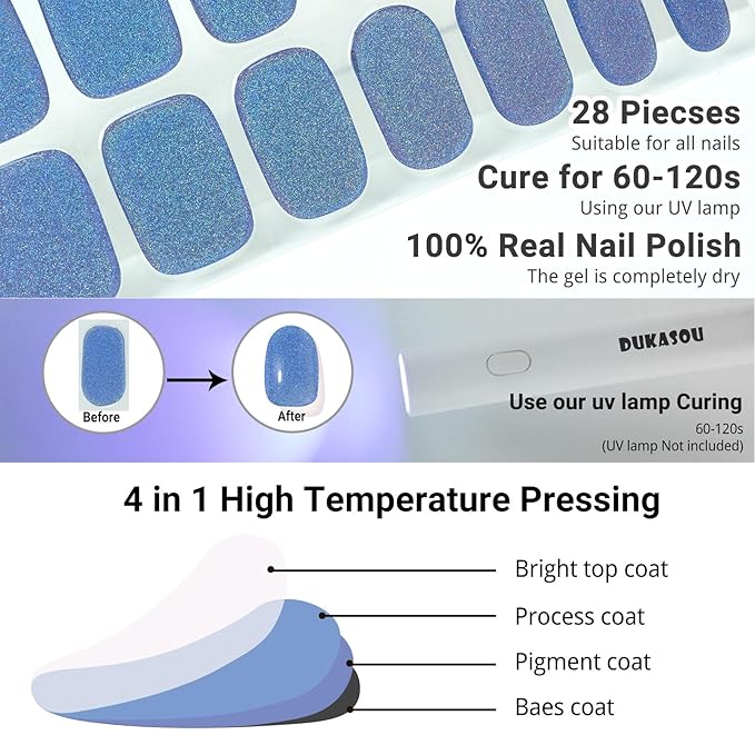 Semi Cured Gel Nail Strips, Blue Fine Flash | 28pcs Work With Any UV Lamp, Stickers for Women Girls, Includes Prep Pads, File & Wood Stick