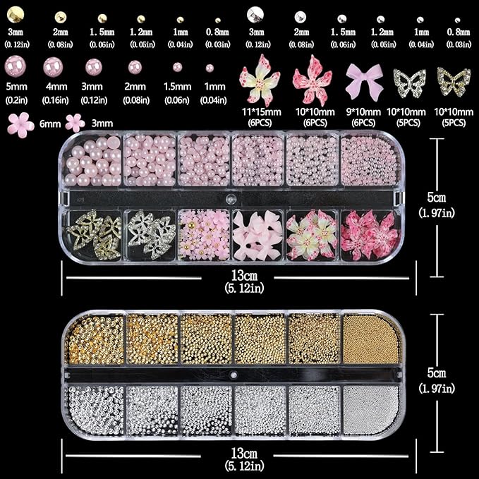 Nail Art Charms with Rhinestones Glue Gel Pink Flatback Pearls Flower Bow Nail Gems Supplies Accessories Gold Silver Nails Decoration Pearls for Women Nails Design