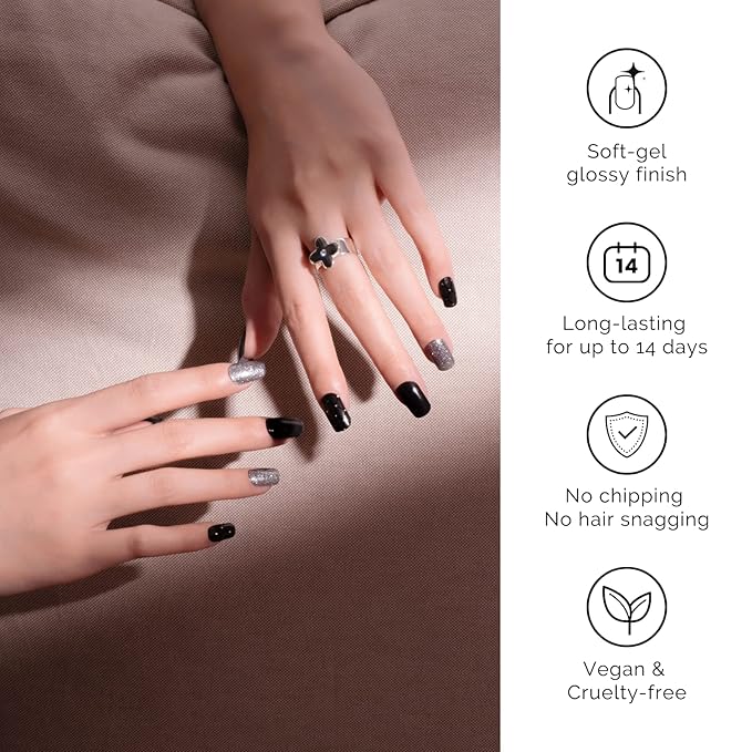 NAILOG Semi Cured Gel Nail Strips (20 Extra Long Stickers/Wraps) | Buy 2 Get 1 UV Lamp| Glossy & Long Lasting Soft Gel Finishing, Black Pearl