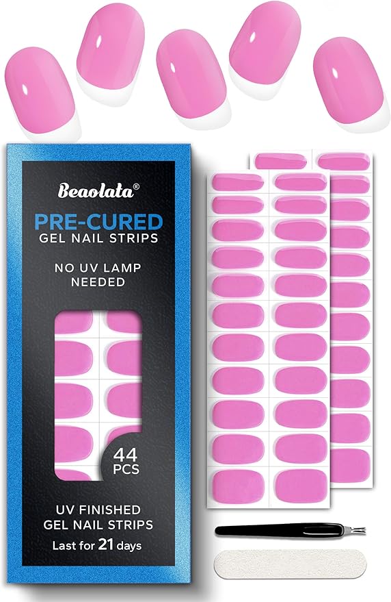 Pre Cured Gel Nail Strips - 44PCS Salon Quality Gel Nail Stickers - Long Lasting Polish Wraps for Women no UV Light Needed Easy Apply& Remove (Mermaid Pink)