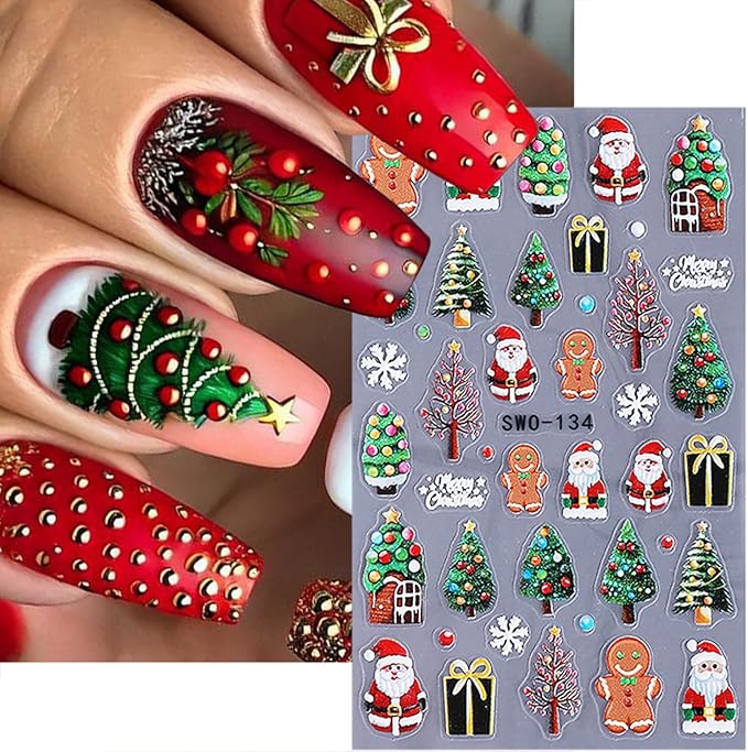 2 Sheets 5D Embossed Christmas Nail Stickers for Nail Art Self-Adhesive Santa Claus Nail Decals Winter Snowman Snowflake Nail Art Stickers Xmas Bow Light Strips Christmas Tree Nail Design for Women