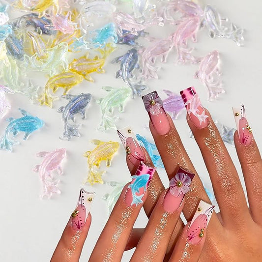 100PCS Beach Nails Charms, Summer Ocean Series 3D Resin Nail Rhinestone Mixed Dolphin Nail Gem for Women Girls Manicure DIY Crafts Accessories