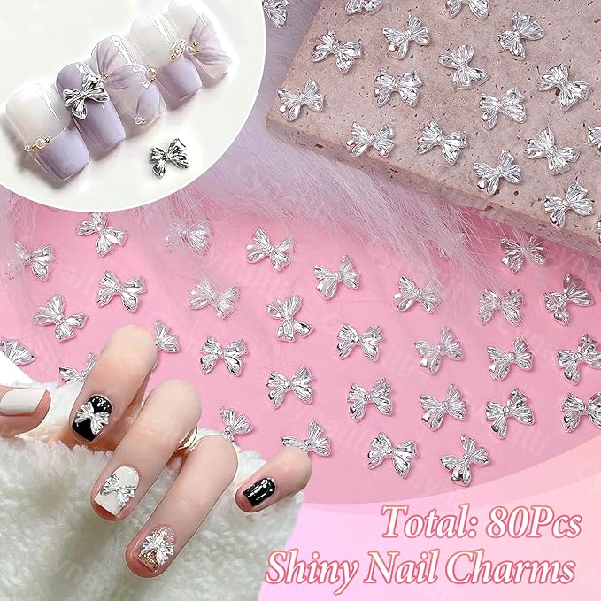 80 Pcs Silver Alloy Bow Nail Charms, 3D Metal Bowknot Nail Jewelry, Nail Art Design DIY Accessories