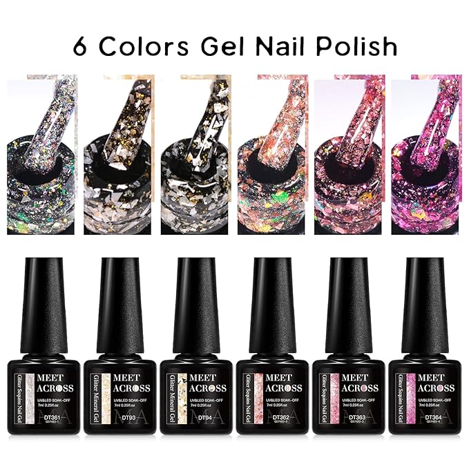 MEET ACROSS Gel Nail Polish Set 6 Pcs Glitter Colors Gel Nail Kit Art Design Soak Off UV LED (SET-6, 6pcs)