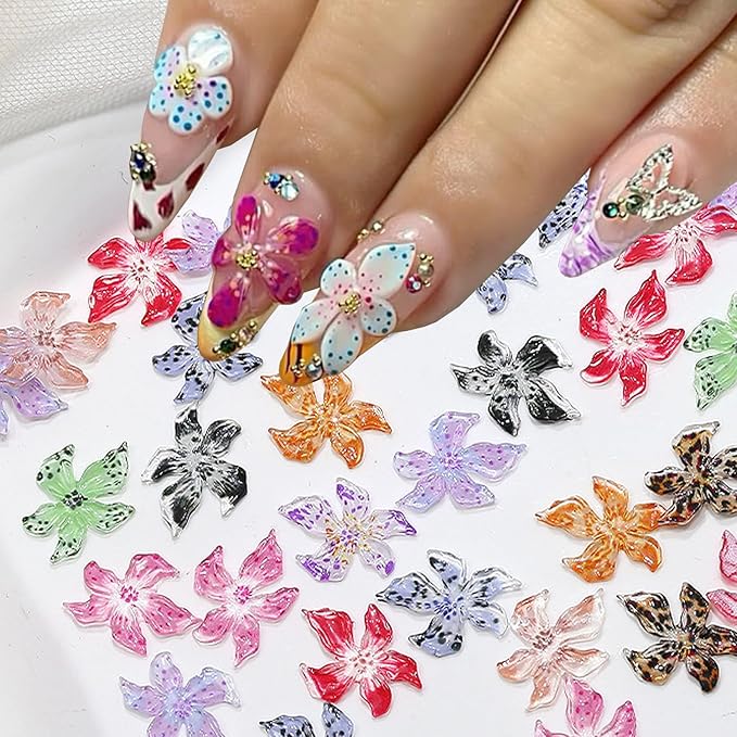 50Pcs 3D Flowers Nail Charm for Nails Flower Resin Nail Rhinestones Spring Hibiscus Floral Nail Art Charm for Acrylic Nails Mixed Colorful Ice Lily Nail Gems Jewelry DIY Summer Manicure Decor Crafts