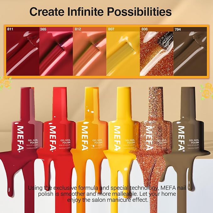 MEFA 6 Colors Fall Gel Nail Polish Set, Shades Orange Red Brown Glitter Yellow Soak Off Gel Polish Spring Summer Tones Nail Art Design Salon Home Manicure Kit Gifts