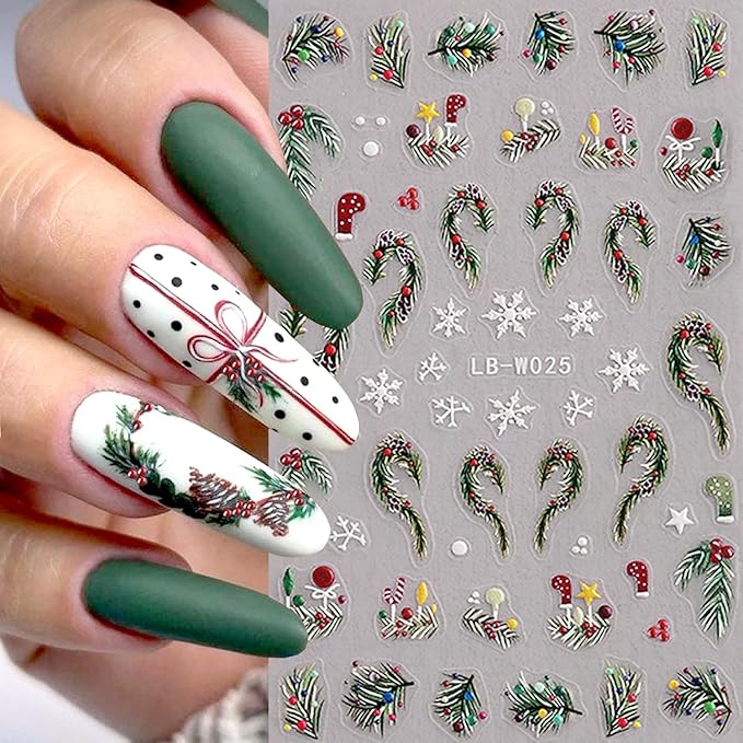 4Sheets Christmas Nail Art Stickers 3D Embossed Xmas Tree Elk Nail Decals for Acrylic Nails Self-Adhesive Holly Leaves Designs Nail Stickers Snowflake Star Nail Decal for Women Festive Manicure Decor