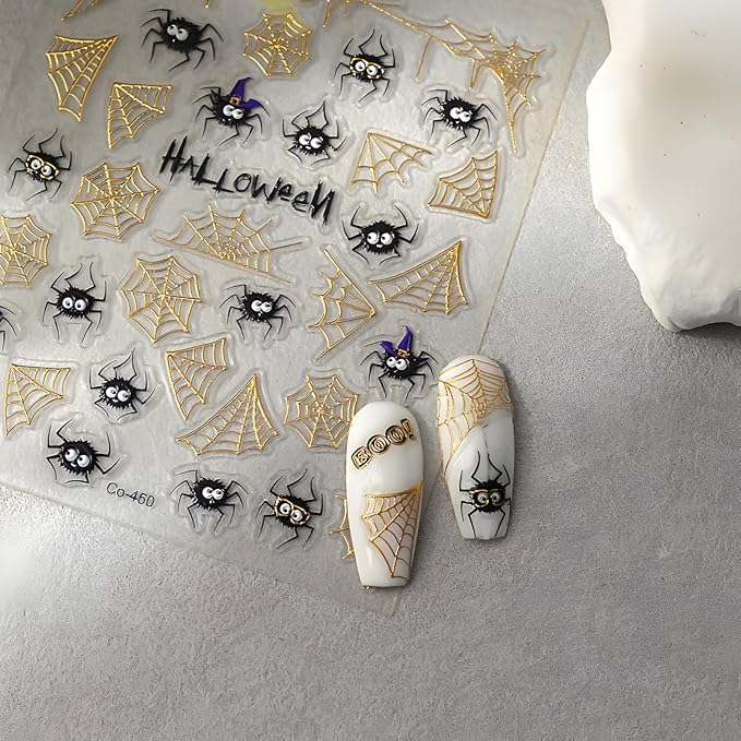 Halloween Nail Stickers Gold Nail Sticker for Nail Art 5D Self-Adhesive Gold Spider Web Nail Decals Spider Nails Supplies Decoration Accessories for Women and Girls