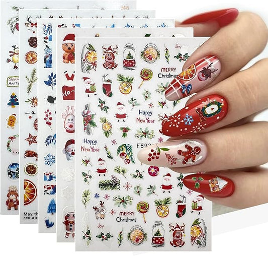 5 Sheet Christmas Nail Art Stickers with Santa Claus Snowflake Elk Deer Snowman Xmas Tree Design Manicure Decal Winter Cartoon Nail Decals Nail Art DIY Decor Supplies for Women