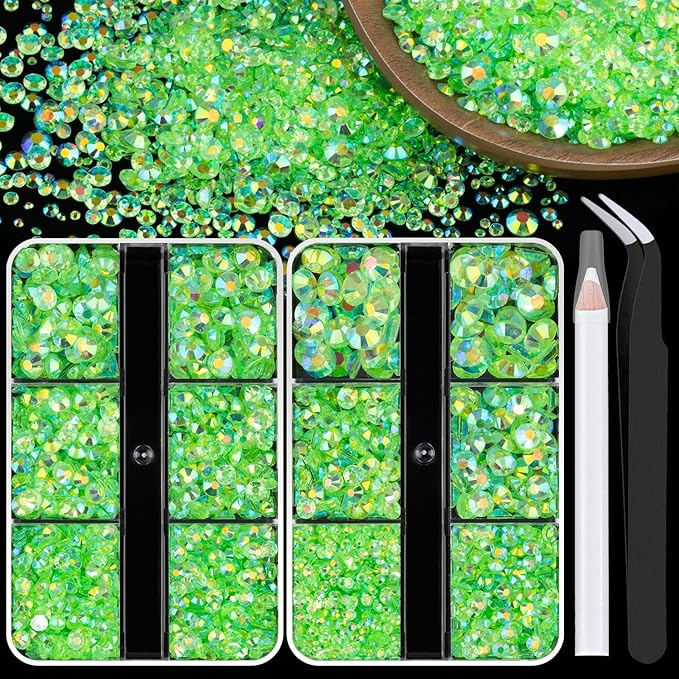 Resin Rhinestones Crafting, 2/3/4/5/6mm Flatback Jelly Rhinestones, 2 Boxes Transparent Grass Green AB Non Hotfix Crystal Gems for Bedazzling Crafts Mugs Tumblers Clothes Makeup Nail