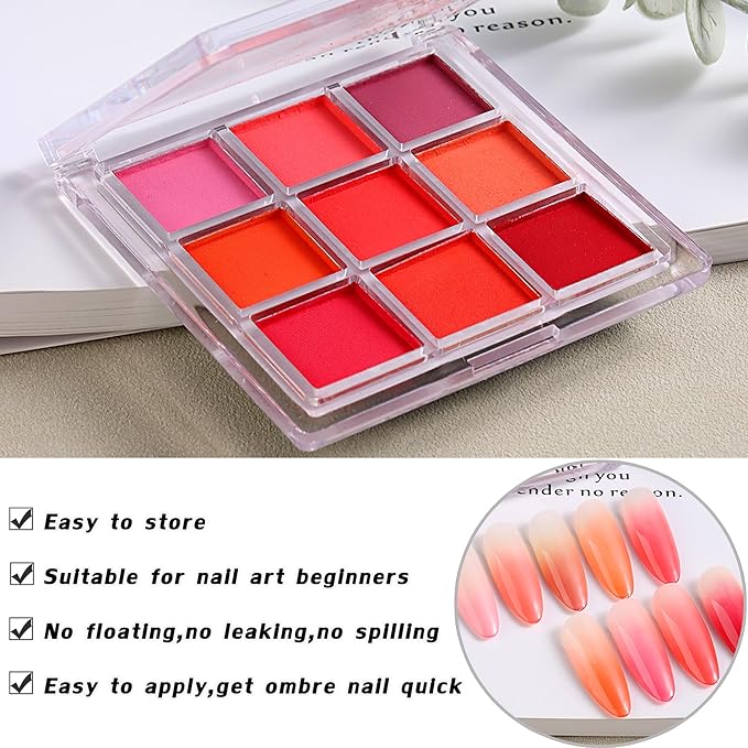 Nail Pigment Palette - Gradient Red Ombre Color Nails Powder - Fine Solid Neon Nail Art Pigment for DIY Design Manicure Beginners - Includes 5 Sponge Sticks, 1 Brush