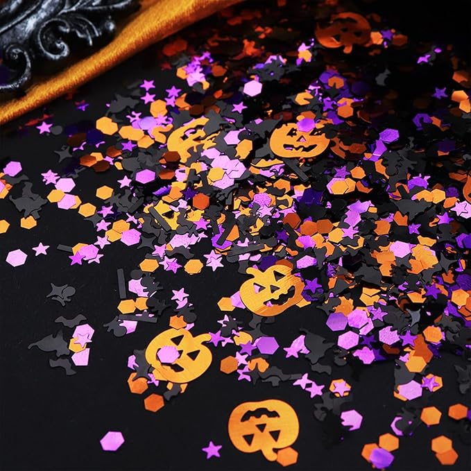 Halloween Pumpkin Nail Glitters Halloween Nail Art Sequins 3D Holographic Glitters Mixed Shape Confetti Skull Ghost Spider Bat Design Nails Glitters for Women Girls Face Body Nail Decoration