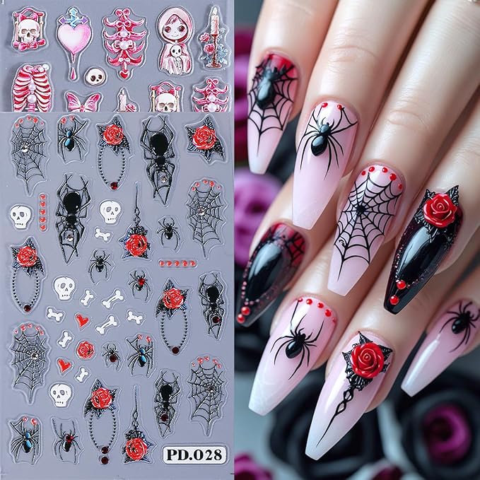 2Sheets Halloween Nail Art Stickers 5D Embossed Pink Skeleton Heart Nail Decals Self-Adhesive Spider Web Spider Stickers with Rhinestone Charms Design Nail Decal Rose Skull Nail Sticker for Women