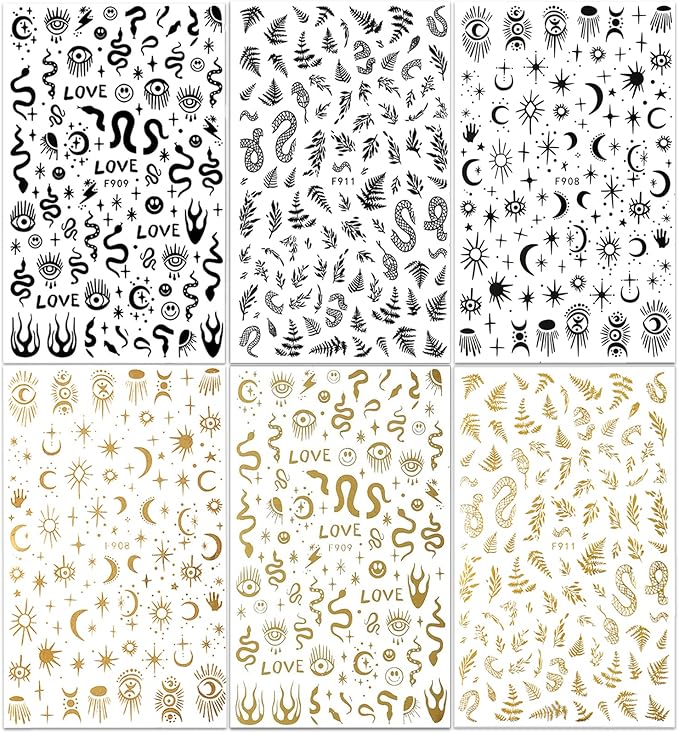 6 Sheet Gold Nail Stickers Black Snake Eyes Leaf Nail Art Stickers 3D Self-Adhesive Bronzing Sun Star Decals Starlight Nail Design Sticker for Acrylic Nail Supplies Women Nail Decorations