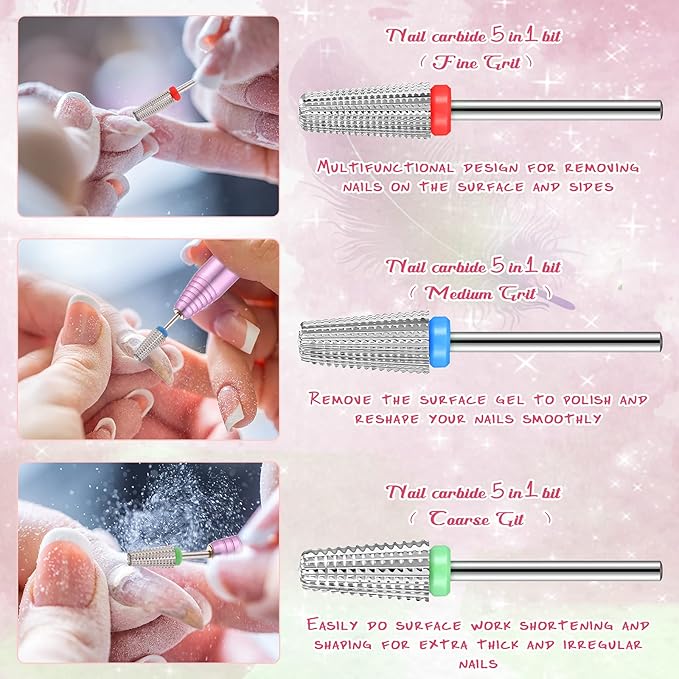 3 Pieces Nail Carbide 5 in 1 Bit, Nail Drill Bits Set-2 Way Rotate Use for both Left to Right Handed, 3/32 Inch Shank Size Drill Machine for Fast Remove Acrylic or Hard Gel (Silver)