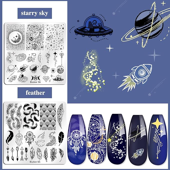 Biutee Nail Stamper Kit 15pcs Nail Art Stamp Plate 8pcs Stamp Gel Polish 1pcs Nail Stamper Scraper Set with Storage Bag, Nail Stamp Template Kit Flower Lace Animal Star Halloween Christmas Design