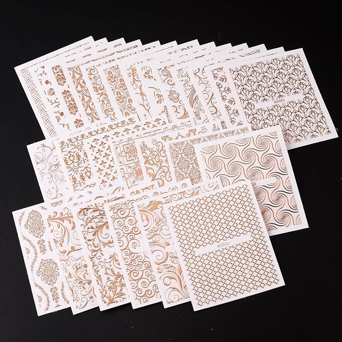 26 Sheets Rose Gold Nail Stickers Set, 3D Self Adhesive Nail Decals with Metal Geometric Stripe Wave & Lace Flower Floral Vine Patterns for DIY Manicure Decorations