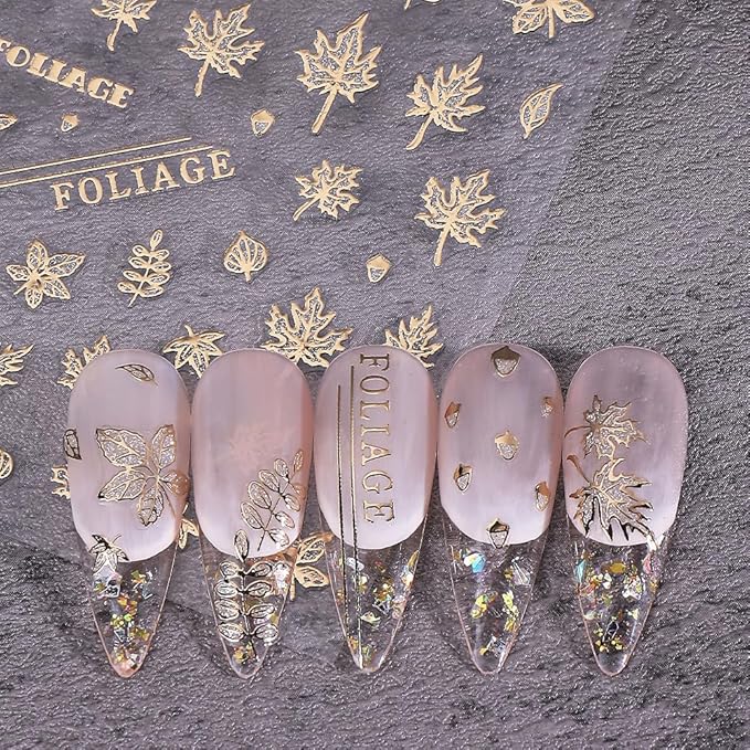 Fall Maple Leaves Nail Art Stickers for Thanksgiving, Gold Maple Leaves Nail Decals 3D Self-Adhesive with Flowers Butterfly Design 6Pcs French Tip Glitter Nail Art Supplies for Women Nail Decoration