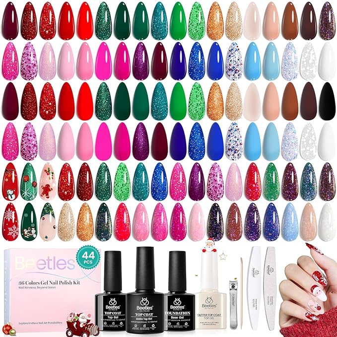 Beetles Christmas Gel Nail Polish Set, Glitz Galaxy UV LED Soak Off Gel Kits, 44Pcs Burgundy Red Gold Green Silver Blue Pink Sparkle Shade with Base Top Coat Winter Manicure Gift for Women