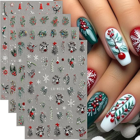 4 Sheets Christmas Nail Stickers 5D Embossed Holly Leaf Nail Decals Christmas Tree Pine Leaves Snowflake Design Self Adhesive Nail Supplies Winter Xmas Nail Art Stickers for Women DIY Nail Decoration