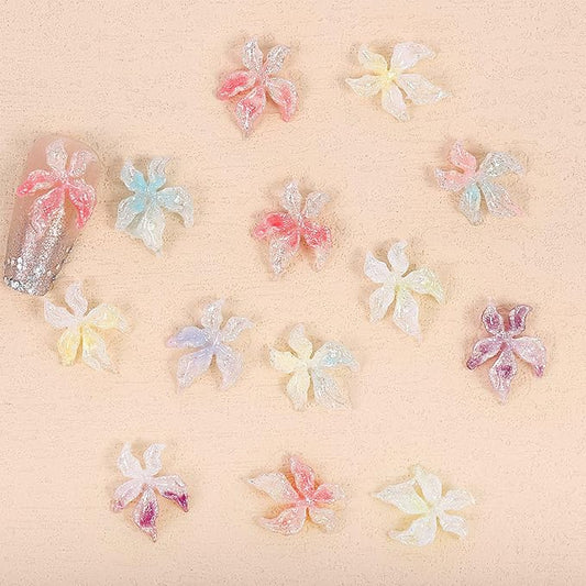 3D Crystal Flower Nail Charms, 100 Pieces Mixed Color Spring Floral Rhinestones, Hawaii Style Nail Art Decorations with Golden Beads