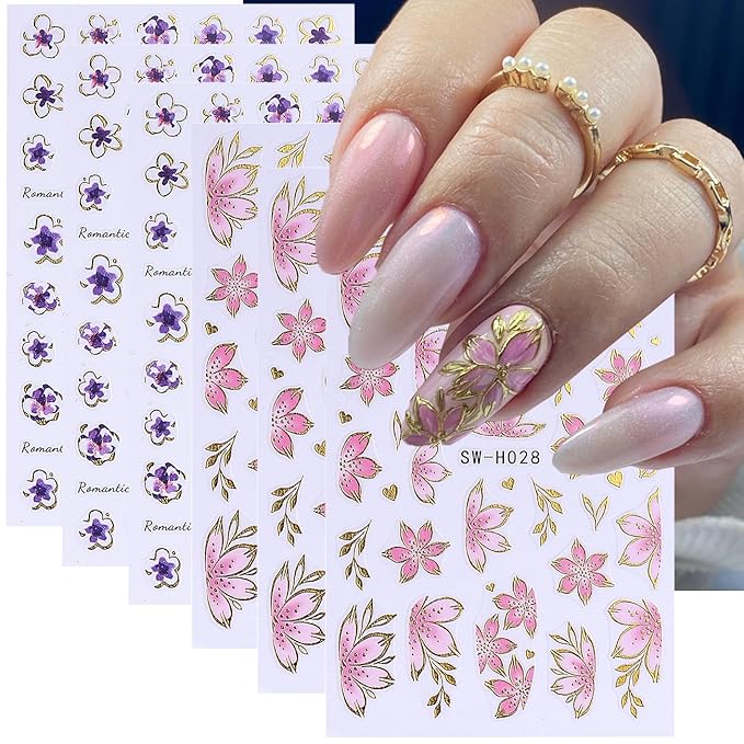 Flower Nail Art Stickers Decals 3D Pink Flower Nail Stickers Self-Adhesive Summer Nail Art Decorations Supplies 6PCS Bronzing Gold Edge Pink Purple Floral Petal Nail Decals Manicure Sliders for Women