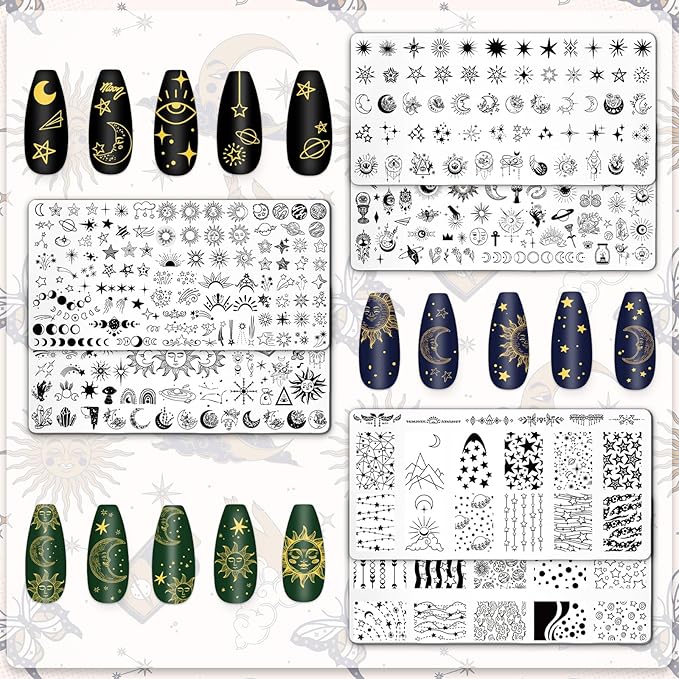 Whaline 6Pcs Sun Moon Star Nail Plates Stamping Set Groovy Stamp Templates Nail Art Plates for DIY Print Manicure Salon Design Gift Supplies