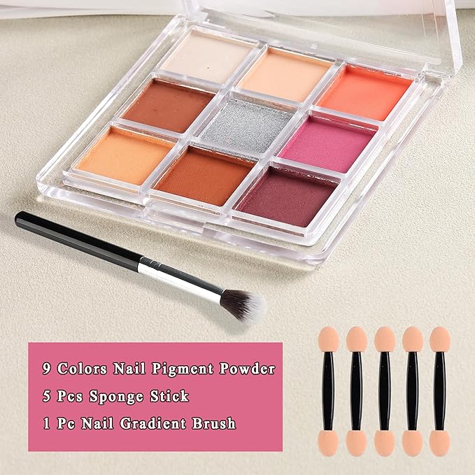 Nail Pigment Palette 9 Colors Gradient Effect Solid Nail Powder for Beginners Nail Salon Home DIY Nail Art Decor for Ombre Nails, Nail Supplies #01