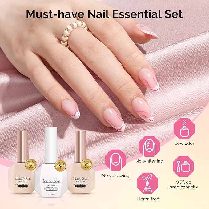 MelodySusie Hema Free Top Coat Base Coat Nail Glue Set Long Lasting Shine Finish Soak Off UV LED Nail Lamp Nail Art Design Manicure Kit Perfect Gifts for Women Girls 3 Pcs 15ml Clear