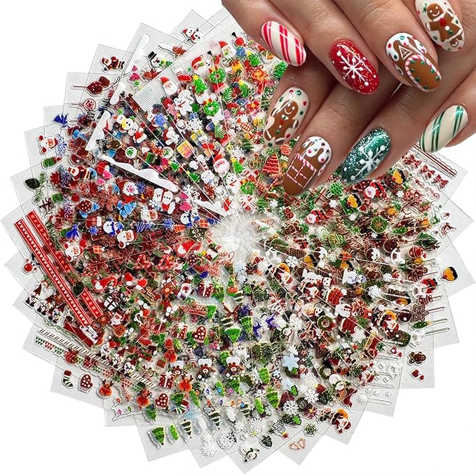 30 Sheets Christmas Nail Art Stickers 3D Self Adhesive Christmas Nail Decals Santa Claus Elk Snowman Christmas Tree Nail Art Supplies Winter Nail Stickers for Women DIY Acrylic Nail Decorations