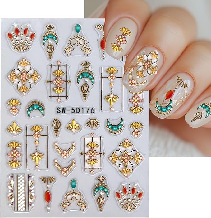 MUIIIGOOD 2 Sheet Sun Moon Stars Boho Nail Stickers Charms for Nail Art 5D Embossed Bohemian Style Floral Nail Decals Metallic Gold Sun Moon Star Luxury Celestial Nail Art Stickers Supplies for Women