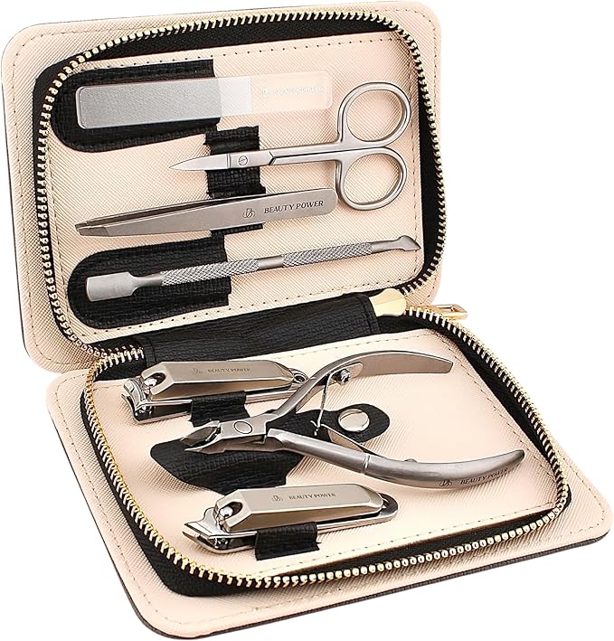 Manicure Pedicure Set 7-in-1 Stainless Steel, Ultra Sharp, Slanted Nail Clipper, Fingernail Clipper, Cuticle Nipper, Glass Nail File, Eyebrow Tweezers, Scissors, Case – Gift (Matte Gray)