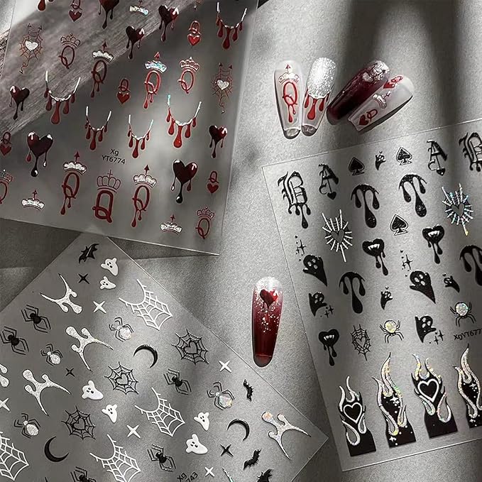 3 Sheets Halloween Nail Stickers Decals Gothic Ghost Nail Art Stickers Self-Adhesive Retro Dark Wind Flame Blood Nails Design Stickers 3D Goth Spider Web Nails Supplies for Women Nail Decorations