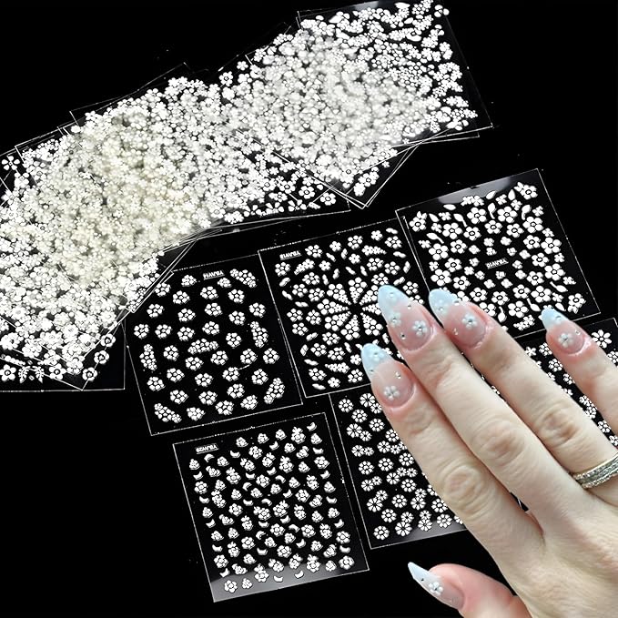 30 Sheets White Flower Nail Art Stickers - 3D Self Adhesive Daisy Decals for Spring Nail Art - Floral Supplies for Women and Girls