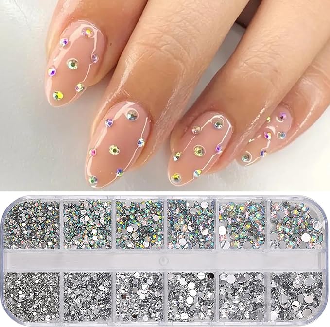 12Grids Shiny Rhinestone Nail Art Charms - 3D Colorful Rhinestones Nail Charms for Acrylic Nails Sliver Diamonds Nail Jewelry with Sliver Flat Back Designs for Women DIY Manicure Crafts Decor Supply