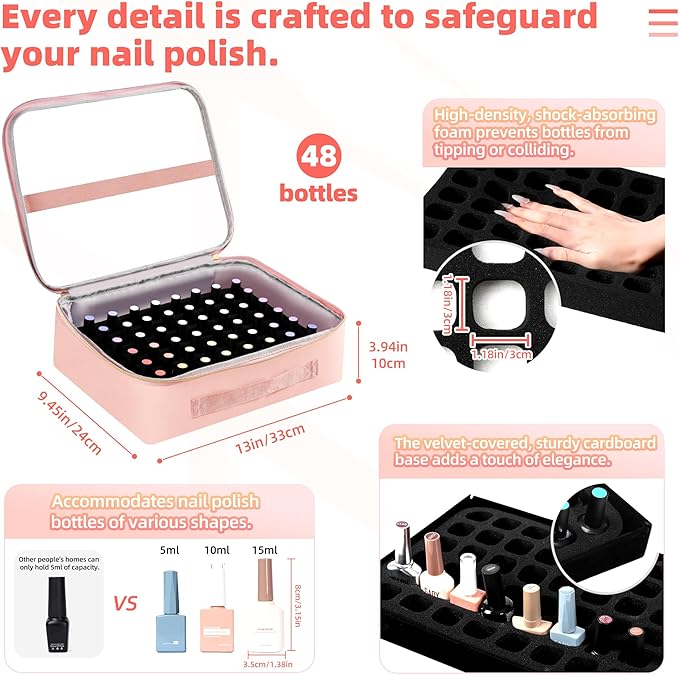 Nail Polish Organizer Case for 96 Bottles – Waterproof Travel Bag with Hard Bottom – Double Layer Nail Storage Bag with Adjustable Dividers & Nail Lamp Compartment – for Home or Salon Use