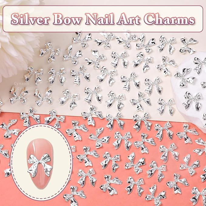 80 Pcs Sliver Bow Nail Gems Charms, 3D Bowknot Nail Charms for Alloy Nails, Cute Bow Tie Nail Jewelry Charms, Shiny Luxury Metal Nail Bow Charms for Nail Art Design Accessories