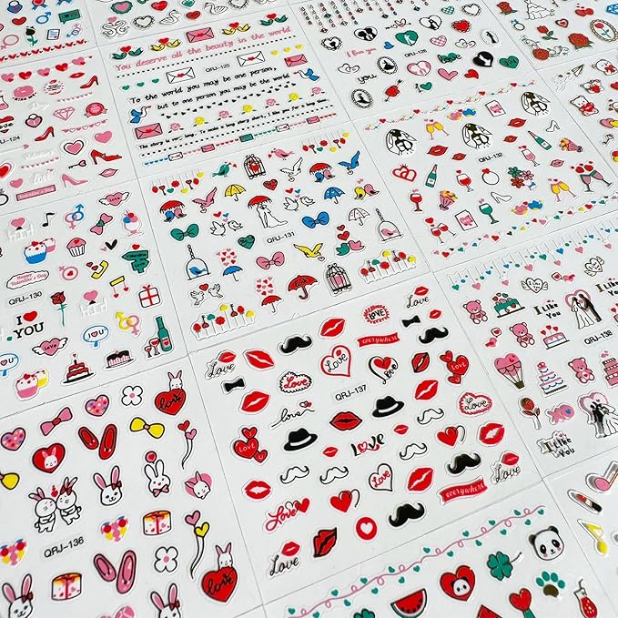 30 Sheets Heart Valentine Nail Art Stickers Decals 3D Self-Adhesive Pegatinas Uñas Red Heart Nail Decals Red Lips Rose Nail Supplies for DIY Acrylic Nail Art Decoration for Women and Girls