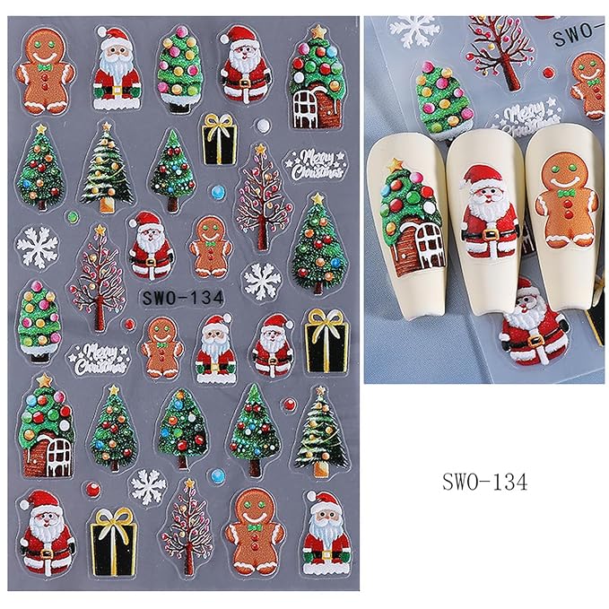 5 Sheets Christmas Nail Art Sticker Snowman Elk Christmas Tree Gingerbread Man Design Winter Xmas Self-Adhesive Snowflake Santa Claus Nail Stickers Decals for Nails Supplies Christmas Nail Decoration