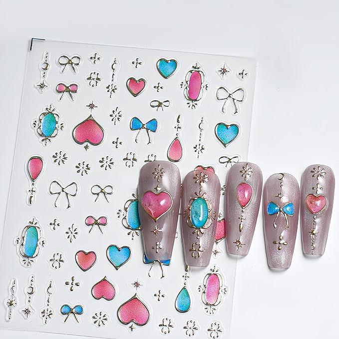 3Sheets Butterfly Nail Art Stickers Retro Heart Style Nail Decals Red Blue Butterfly Nail Stickers Embossed Self-Adhesive Star Moon Bow Patterns Design Nail Supplies for Women DIY Nail Decorations