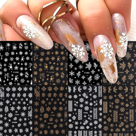8 Sheets Christmas Snowflake Nail Art Stickers - Gold & White Snowflakes 3D Self-Adhesive Winter Holiday Nail Decals for Women & Girls