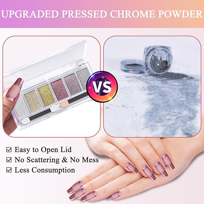 Gold Silver Chrome Nail Powder, Metallic Mirror Effect Pink Light Purple Champagne Chrome Powder for Nails, Unicorn Iridescent Holographic Nail Pigment Glitter Dust for Nail Art Decoration