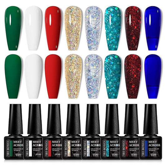 MEET ACROSS Christmas Gel Nail Polish Set, 8 Colors Red Sparkle Green Glitter Gold Silver Winter Gel Polish Dark Green Dark Red Gel Polish Kit Soak Off Nail Lamp Uv LED Nail Art Design for Women