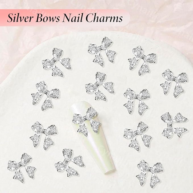 80 Pcs Silver Alloy Bow Nail Charms, 1011mm, Ideal for Nail Art, DIY Accessories